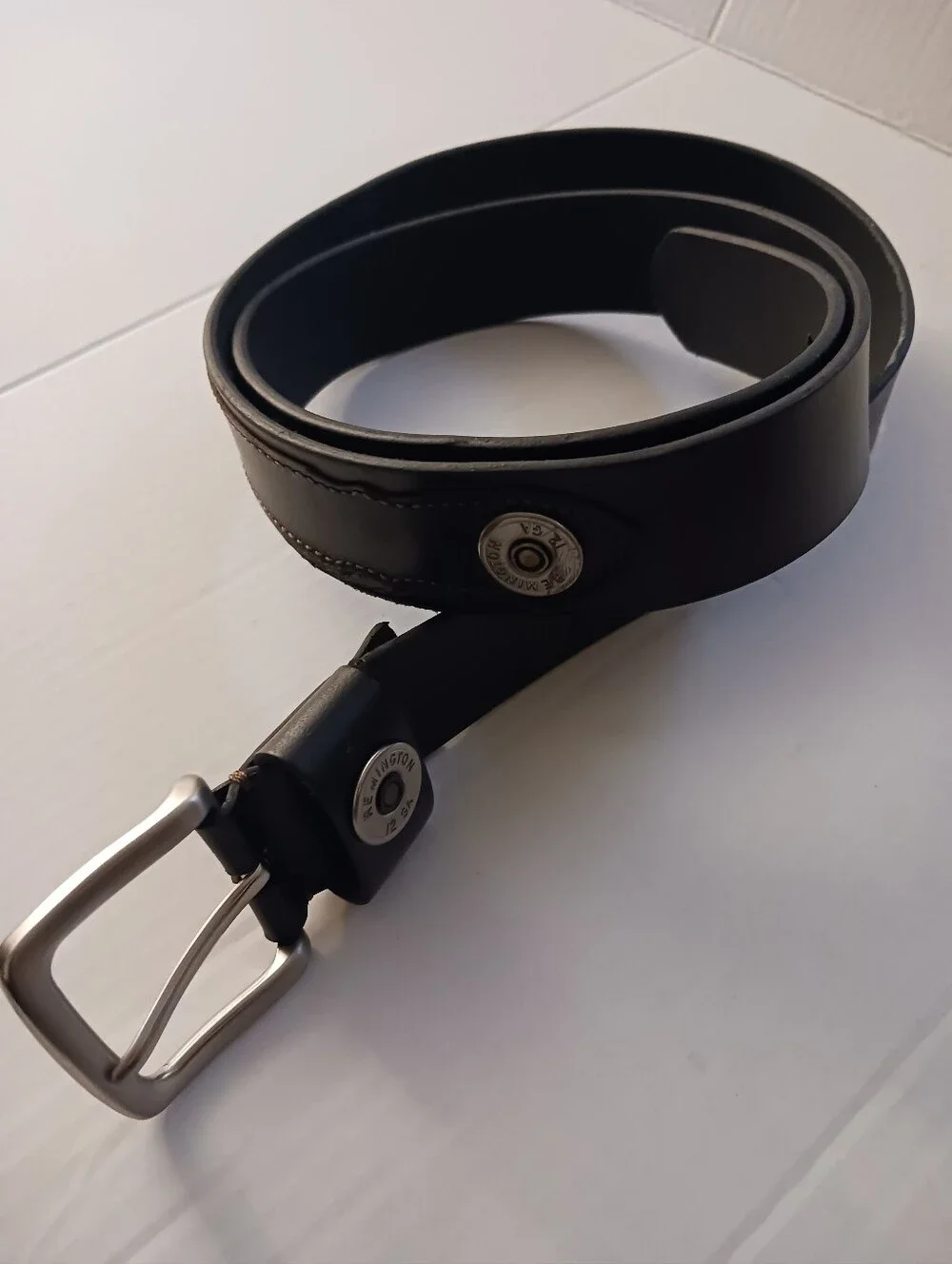 Remington 12 GA Silver Tone Shotgun Shell Black Leather Belt 3X 50-52